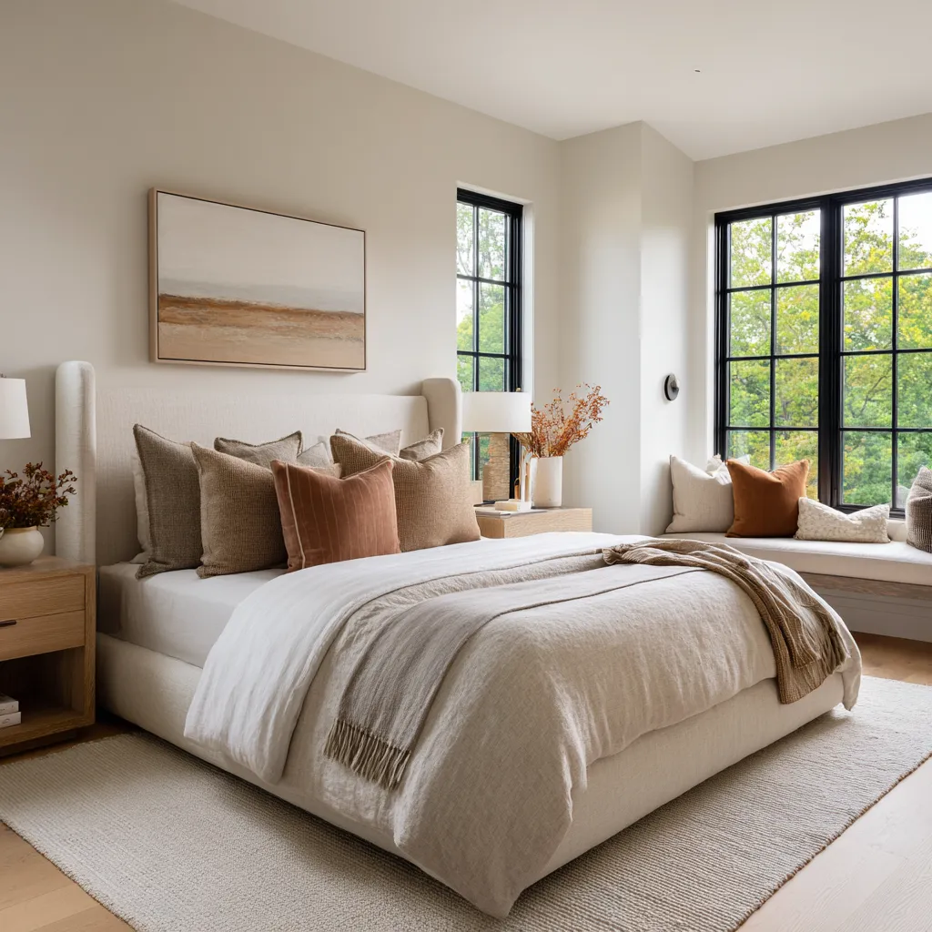 Refined California chic bedroom with a winged upholstered headboard, black-framed corner windows, built-in window seat Refined California chic bedroom with a winged upholstered headboard, black-framed corner windows, built-in window seat