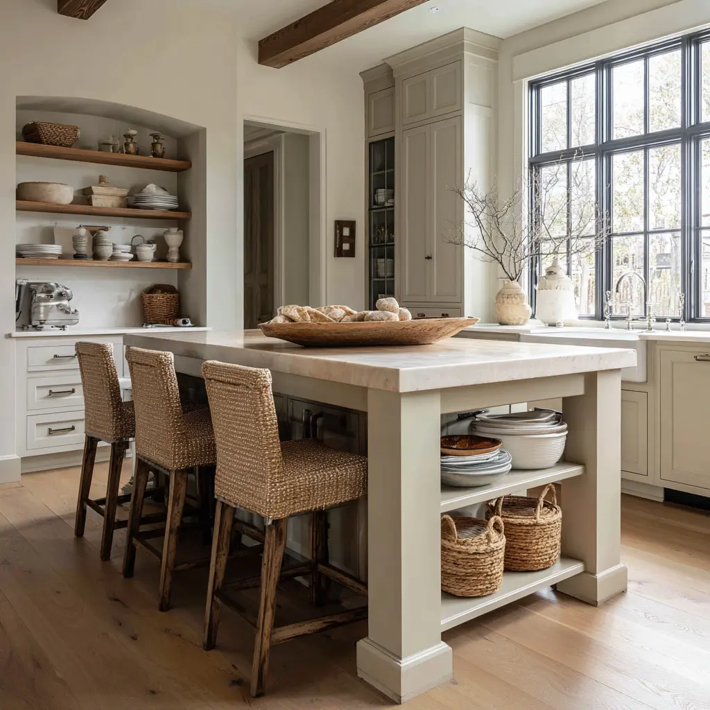 Refined farmhouse furniture type kitchen island with square legs, thick top, open end shelving for dishes and baskets, woven stools, and a pale kitchen Refined farmhouse furniture type kitchen island with square legs, thick top, open end shelving for dishes and baskets, woven stools, and a pale kitchen