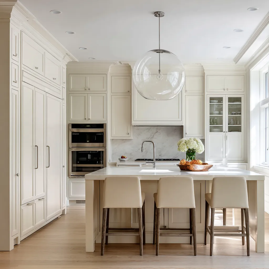 Refined kitchen design with ivory cabinetry, a broad island, upholstered stools, and a large clear globe pendant