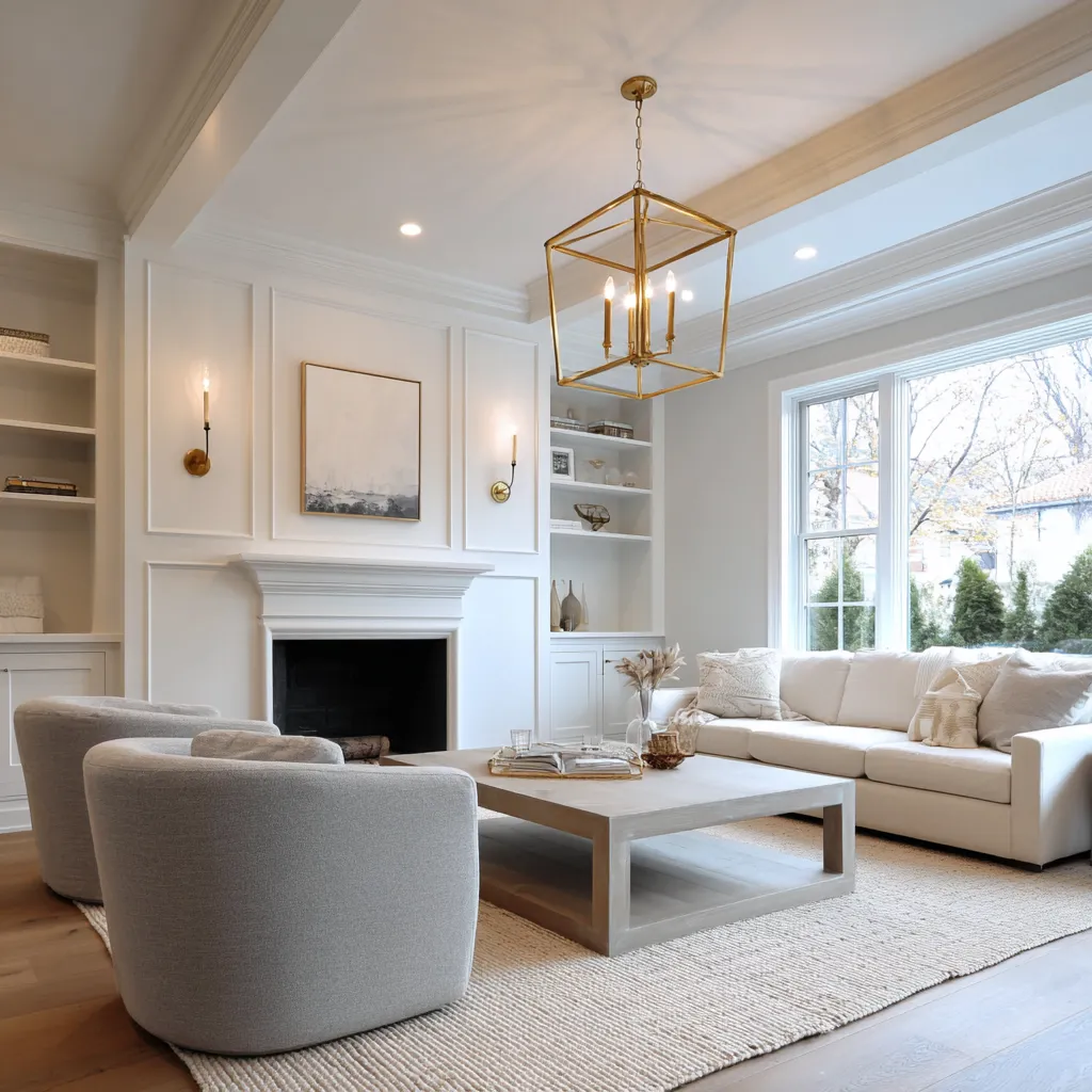 Refined modern Hamptons living room with a centered mantel wall, built-in shelves, brass sconces and lantern, pale sofa Refined modern Hamptons living room with a centered mantel wall, built-in shelves, brass sconces and lantern, pale sofa