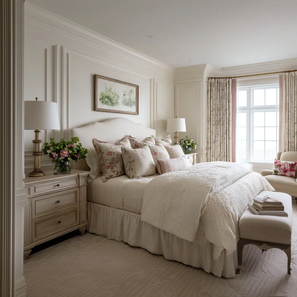 Refined modern shabby chic bedroom with tall wall panel molding, a curved upholstered headboard, floral pillows Refined modern shabby chic bedroom with tall wall panel molding, a curved upholstered headboard, floral pillows