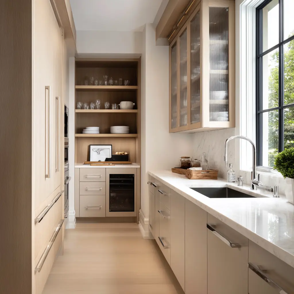 Refined narrow galley scullery with tall pale wood storage, bright sink counter, ribbed glass upper cabinets, end shelving alcove Refined narrow galley scullery with tall pale wood storage, bright sink counter, ribbed glass upper cabinets, end shelving alcove