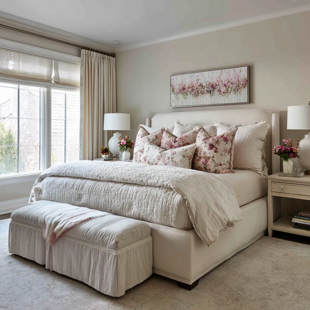 Restrained modern shabby chic bedroom with pale greige paneled walls, a tall segmented upholstered bed, chunky knit throw Restrained modern shabby chic bedroom with pale greige paneled walls, a tall segmented upholstered bed, chunky knit throw