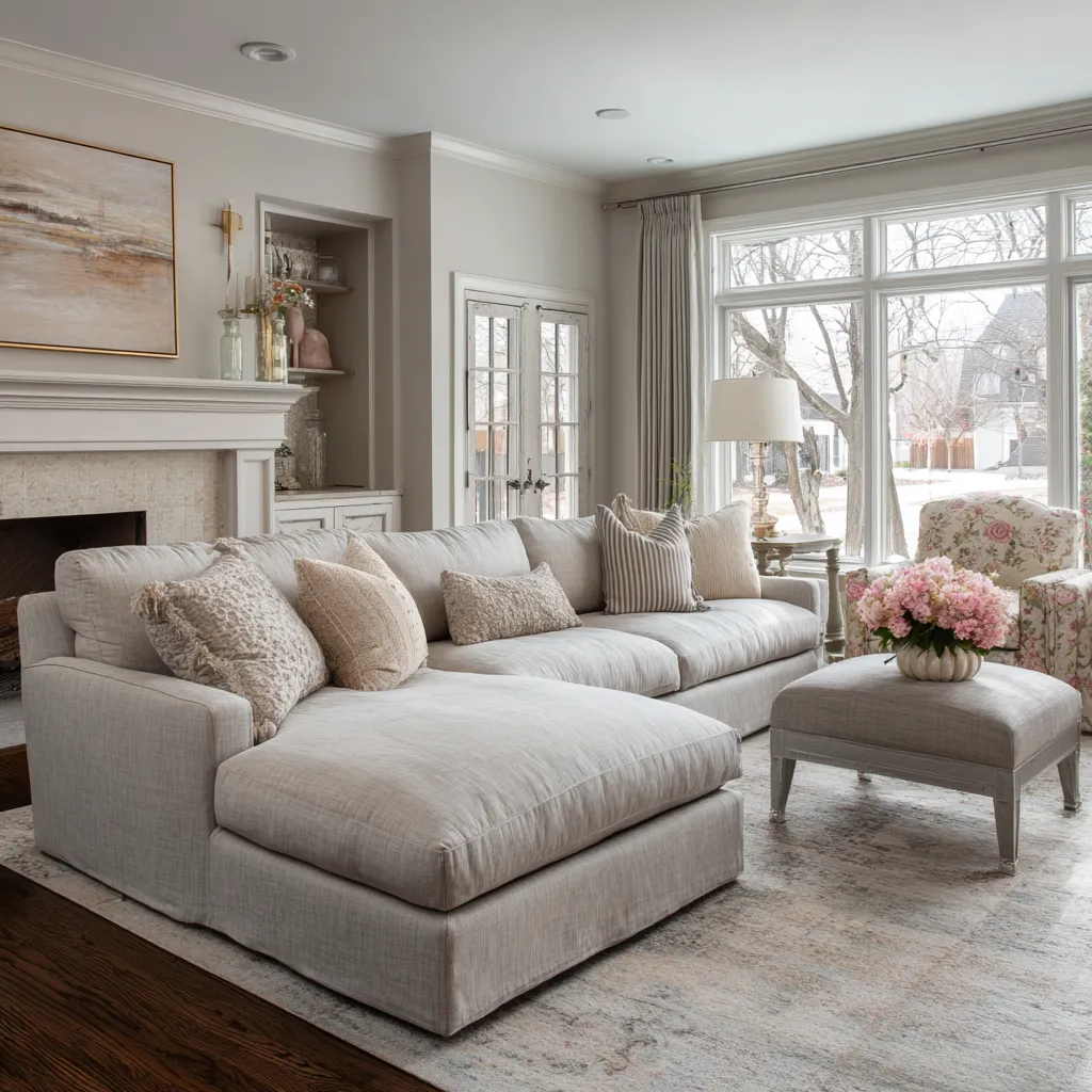 Restrained modern shabby chic living room with pale sectional, single floral accent chair, soft blush and gray pillows Restrained modern shabby chic living room with pale sectional, single floral accent chair, soft blush and gray pillows