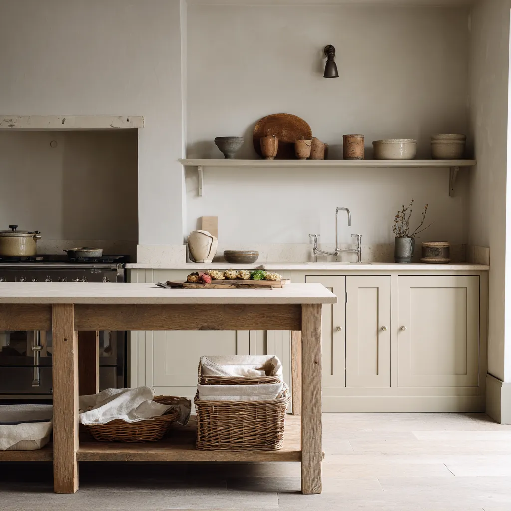 Restrained shabby chic kitchen in mushroom-toned paint with a hearth-like cooking recess Restrained shabby chic kitchen in mushroom-toned paint with a hearth-like cooking recess