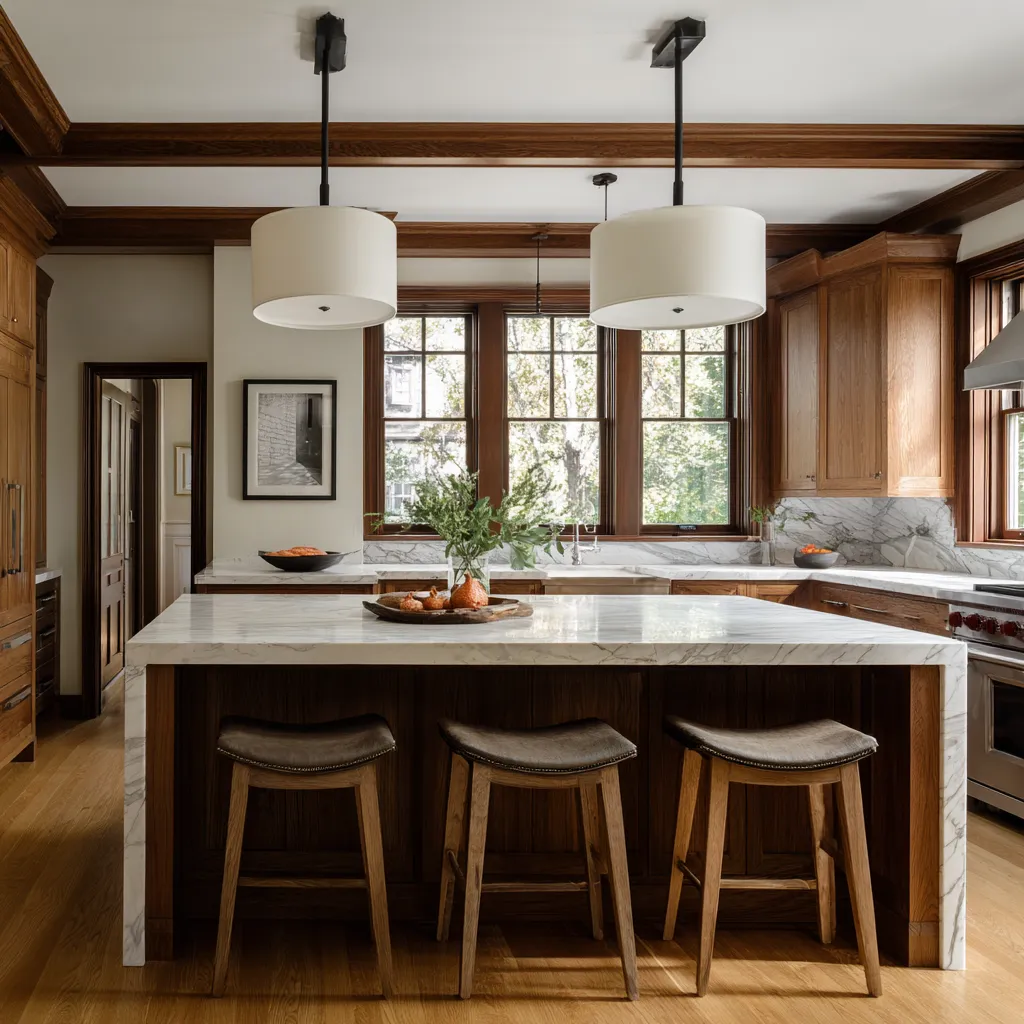 Rich Craftsman kitchen with dark beam grid ceiling, dark wood island base with marble wrap, drum shade pendants, deep wood window trim