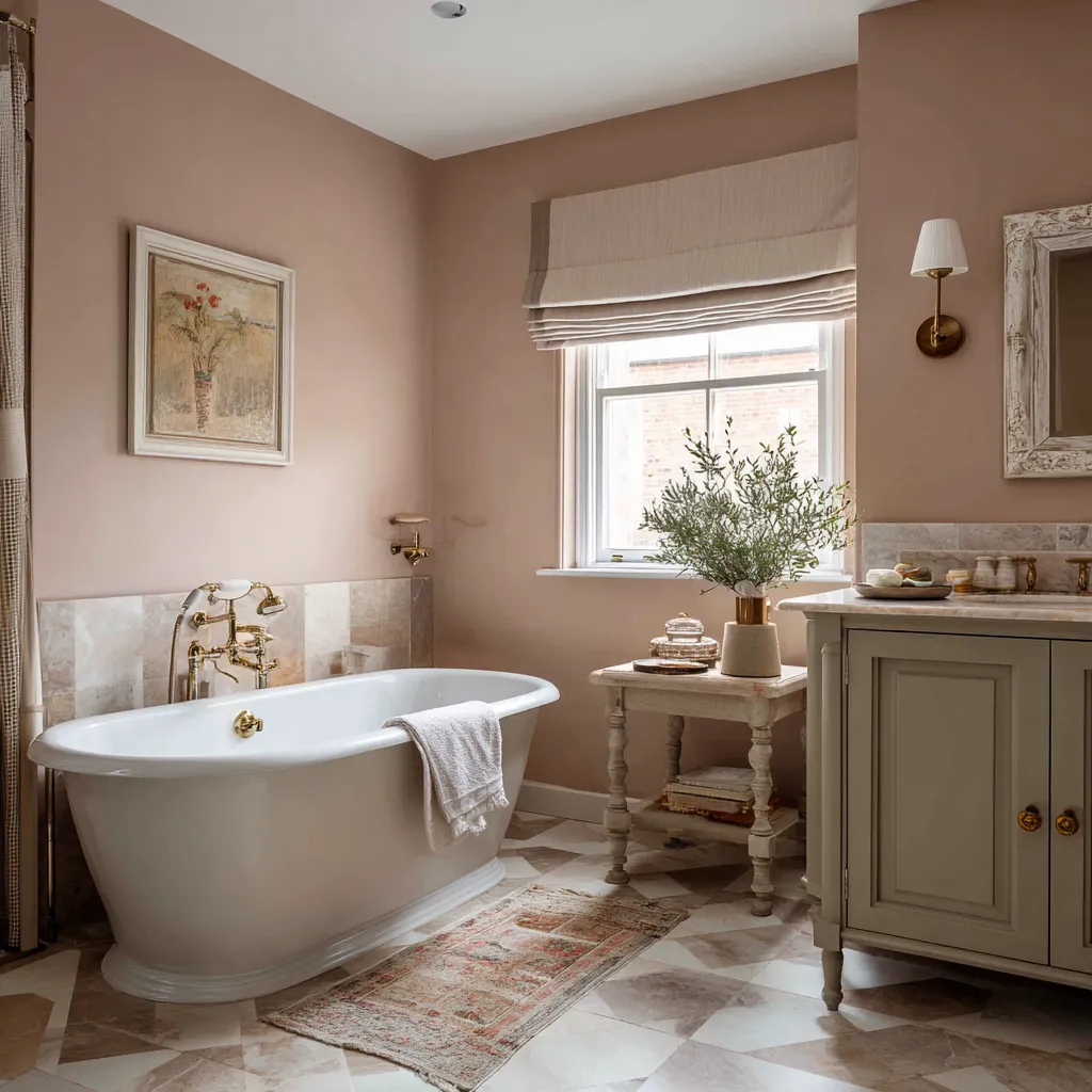 Romantic modern shabby chic bathroom with dusty rose walls, classic freestanding tub, brass tub filler Romantic modern shabby chic bathroom with dusty rose walls, classic freestanding tub, brass tub filler