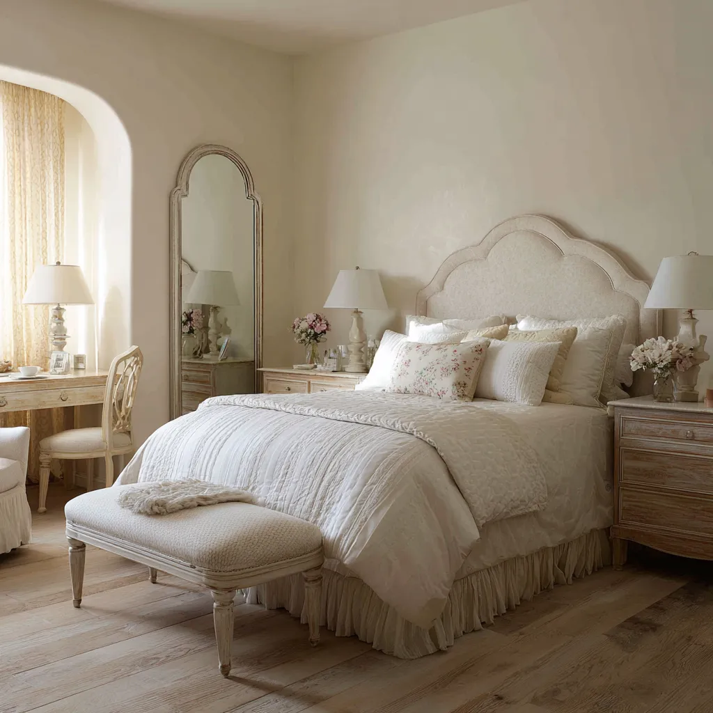 Romantic modern shabby chic bedroom with a scalloped upholstered headboard, cream and blush bedding, ruffled bed skirt Romantic modern shabby chic bedroom with a scalloped upholstered headboard, cream and blush bedding, ruffled bed skirt