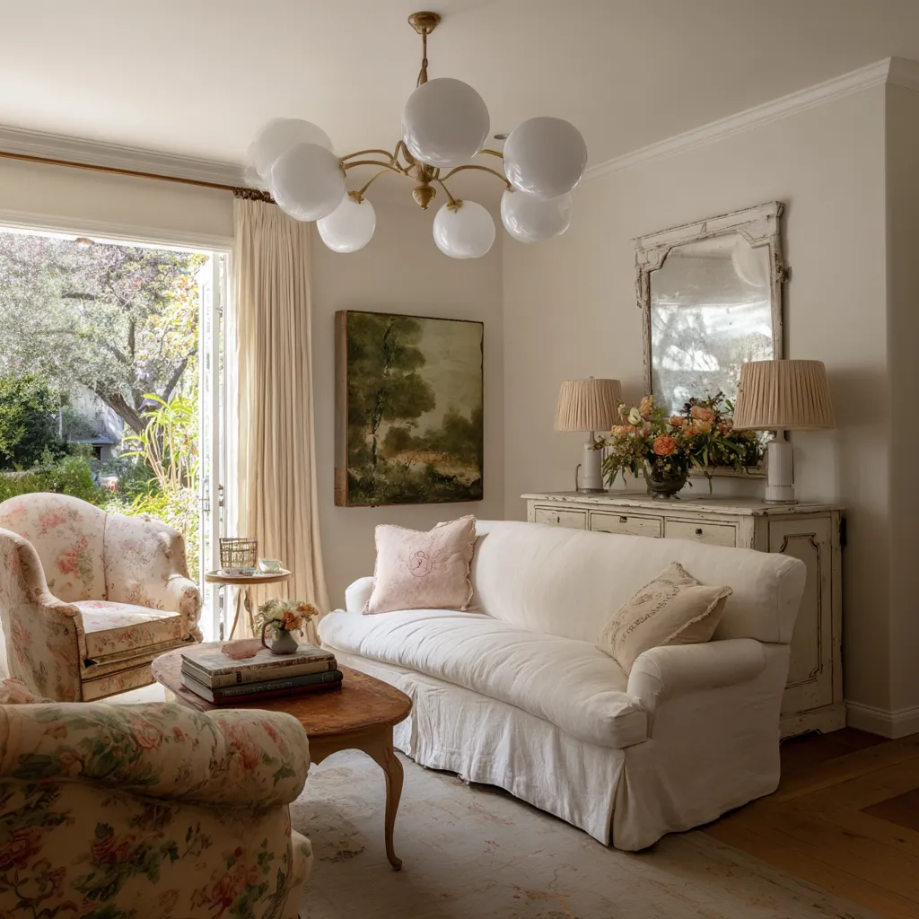 Romantic modern shabby chic living room ideas with white slipcovered sofa, pink floral wingback chairs Romantic modern shabby chic living room ideas with white slipcovered sofa, pink floral wingback chairs
