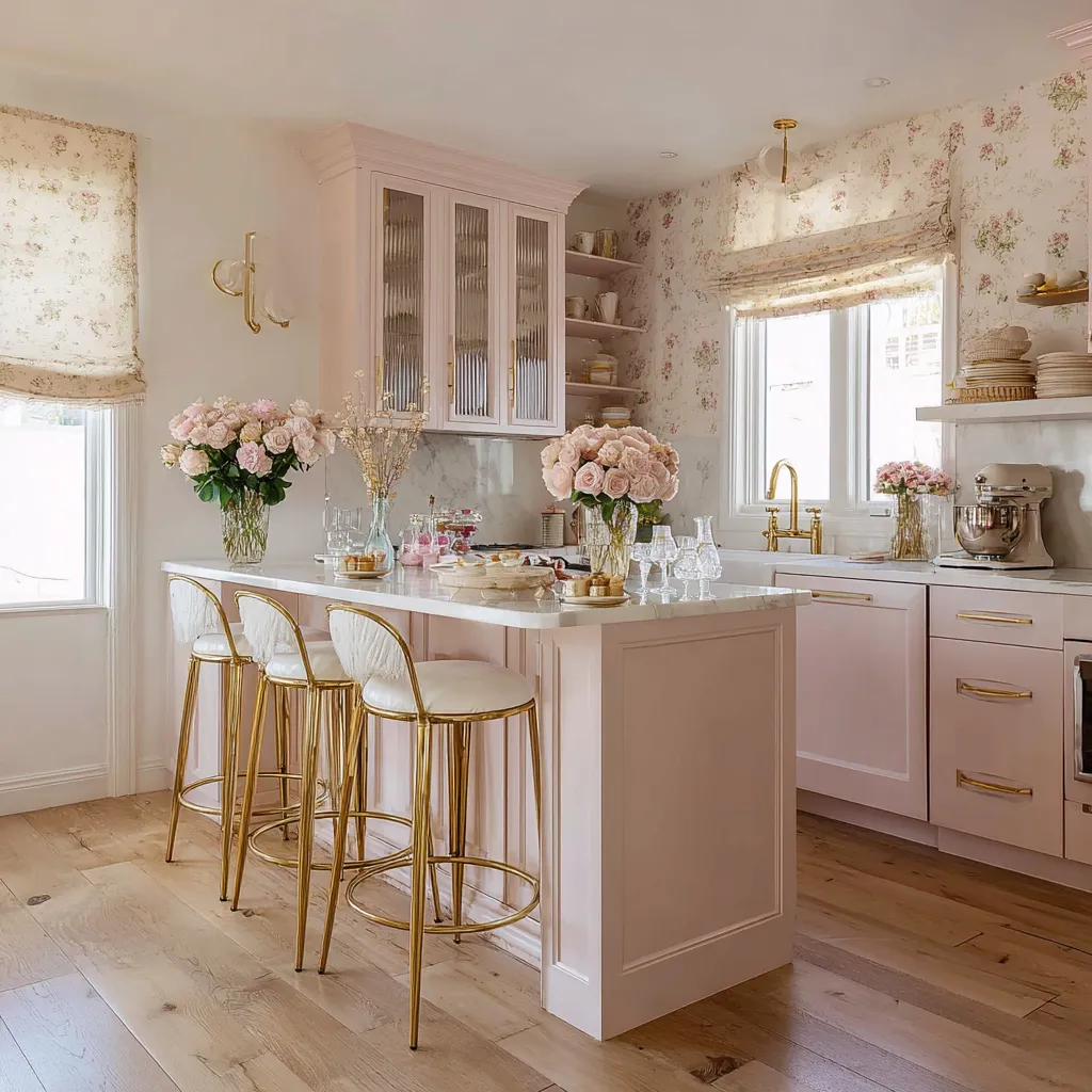 Romantic shabby chic kitchen with blush cabinetry, floral wallpaper and Roman shades, ribbed-glass upper cabinets Romantic shabby chic kitchen with blush cabinetry, floral wallpaper and Roman shades, ribbed-glass upper cabinets
