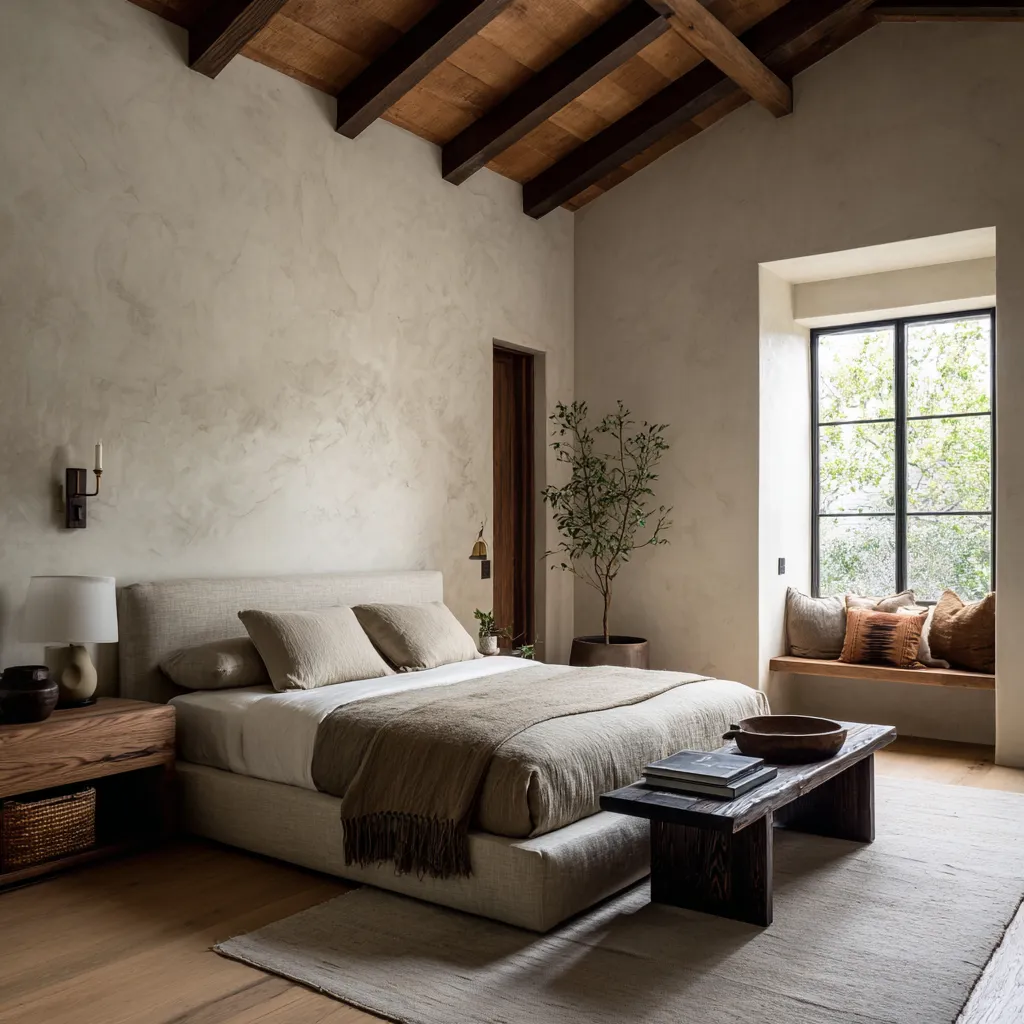 Rustic Santa Barbara bedroom with a pitched wood-beam ceiling, tall plaster wall, low upholstered bed Rustic Santa Barbara bedroom with a pitched wood-beam ceiling, tall plaster wall, low upholstered bed