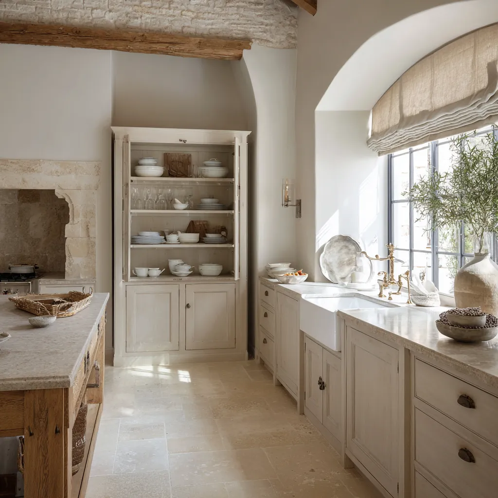 Rustic-arched shabby chic kitchen with a plastered window recess, black-framed arched window Rustic-arched shabby chic kitchen with a plastered window recess, black-framed arched window