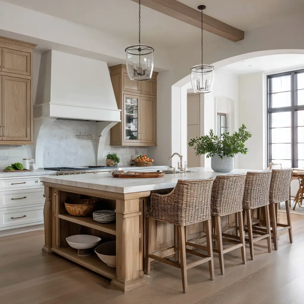 Rustic-lux kitchen island with thick corner posts, open end shelving, woven stools, pale stone top, and a bright kitchen Rustic-lux kitchen island with thick corner posts, open end shelving, woven stools, pale stone top, and a bright kitchen