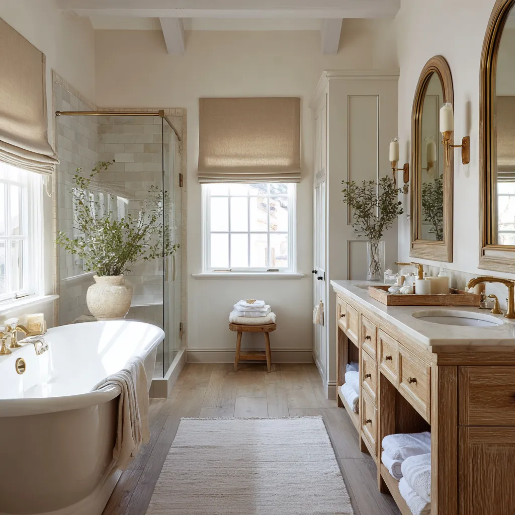 Rustic modern shabby chic bathroom with weathered wood vanity, open shelving with folded towels, arched mirrors Rustic modern shabby chic bathroom with weathered wood vanity, open shelving with folded towels, arched mirrors