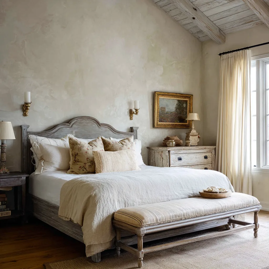 Rustic modern shabby chic bedroom with weathered wood furniture, a shaped headboard, white and cream bedding Rustic modern shabby chic bedroom with weathered wood furniture, a shaped headboard, white and cream bedding