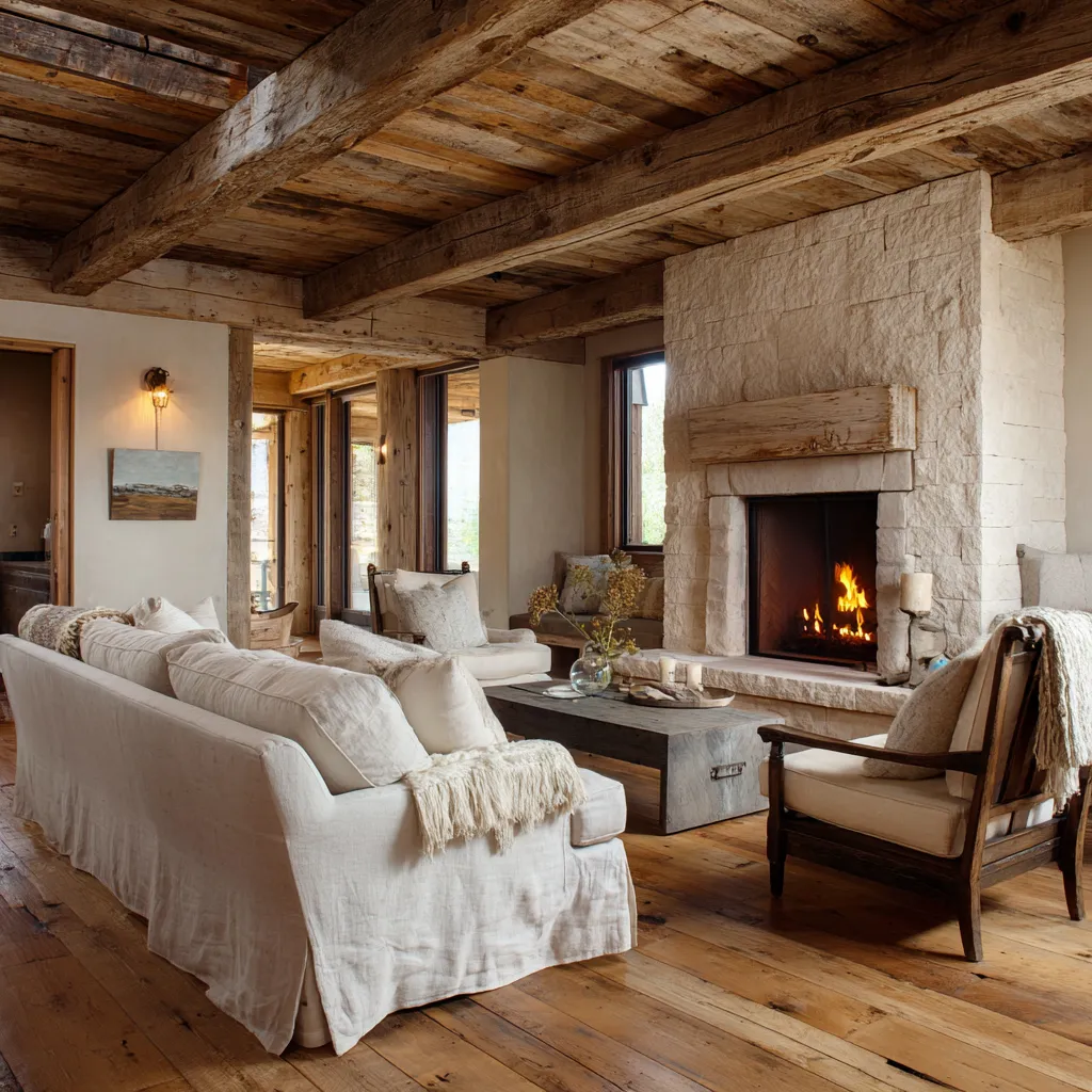 Rustic modern shabby chic living room with creamy slipcovered sofa, rough white stone fireplace Rustic modern shabby chic living room with creamy slipcovered sofa, rough white stone fireplace