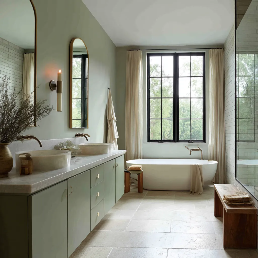 Sage green modern shabby chic bathroom with painted cabinetry, vessel sinks, arched mirrors, candle-style sconces Sage green modern shabby chic bathroom with painted cabinetry, vessel sinks, arched mirrors, candle-style sconces