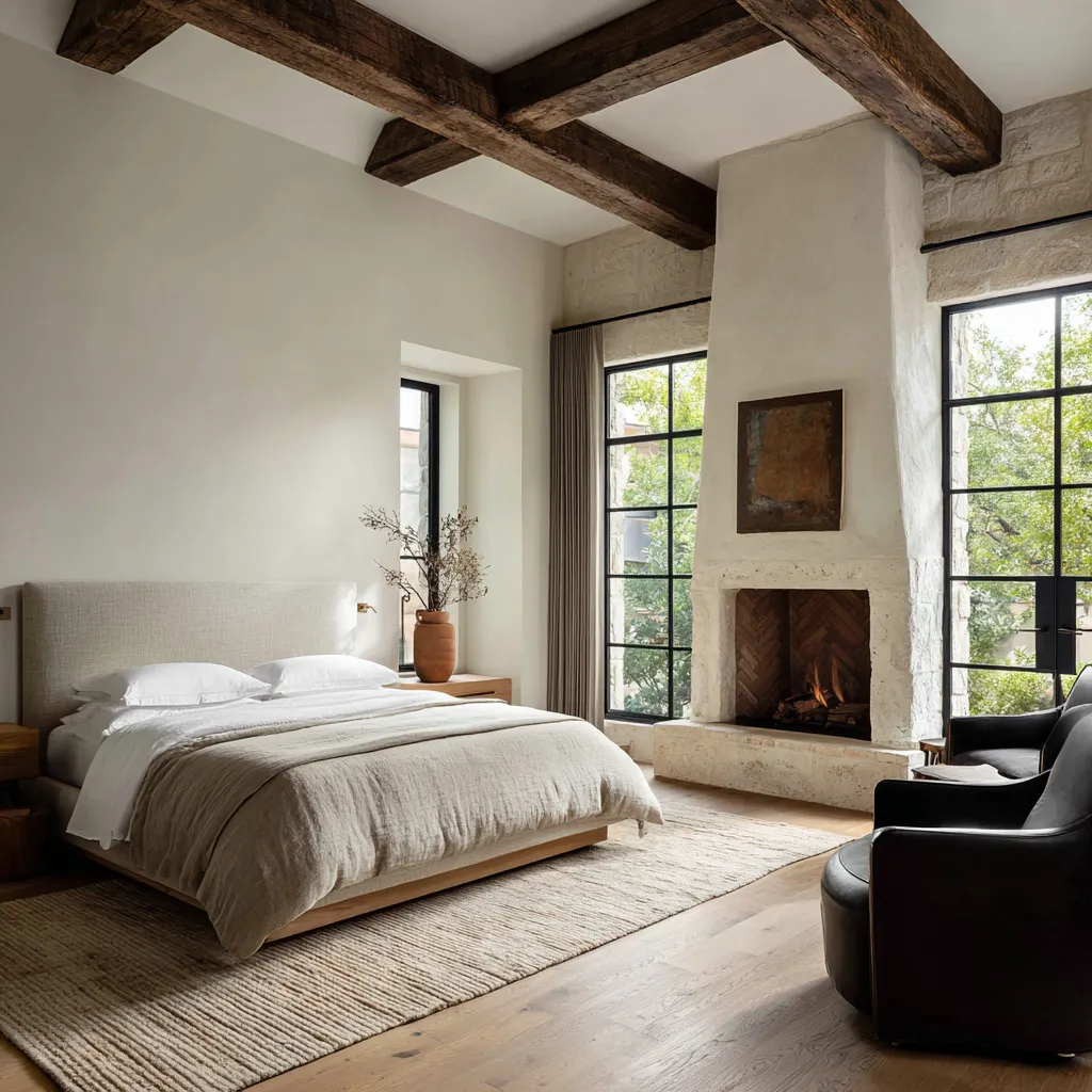 Santa Barbara bedroom with a tall sculptural plaster fireplace between black-framed windows Santa Barbara bedroom with a tall sculptural plaster fireplace between black-framed windows