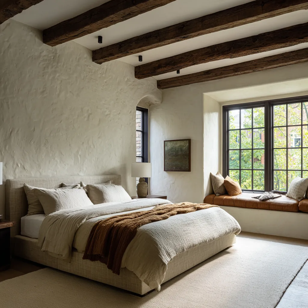 Santa Barbara bedroom with textured plaster walls, dark exposed ceiling beams, a low upholstered bed Santa Barbara bedroom with textured plaster walls, dark exposed ceiling beams, a low upholstered bed