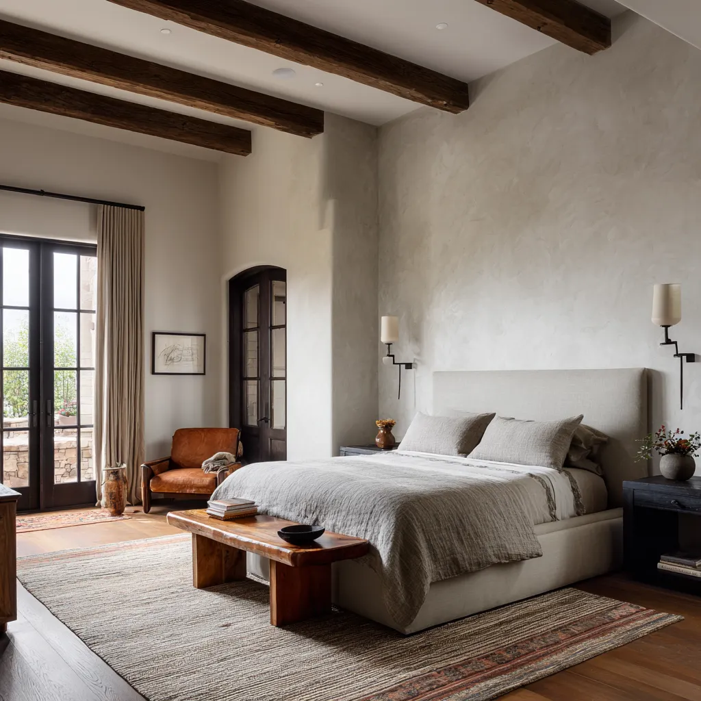 Santa Barbara style bedroom ideas with dark ceiling beams, plaster walls, deep window and door openings, warm wood Santa Barbara style bedroom ideas with dark ceiling beams, plaster walls, deep window and door openings, warm wood