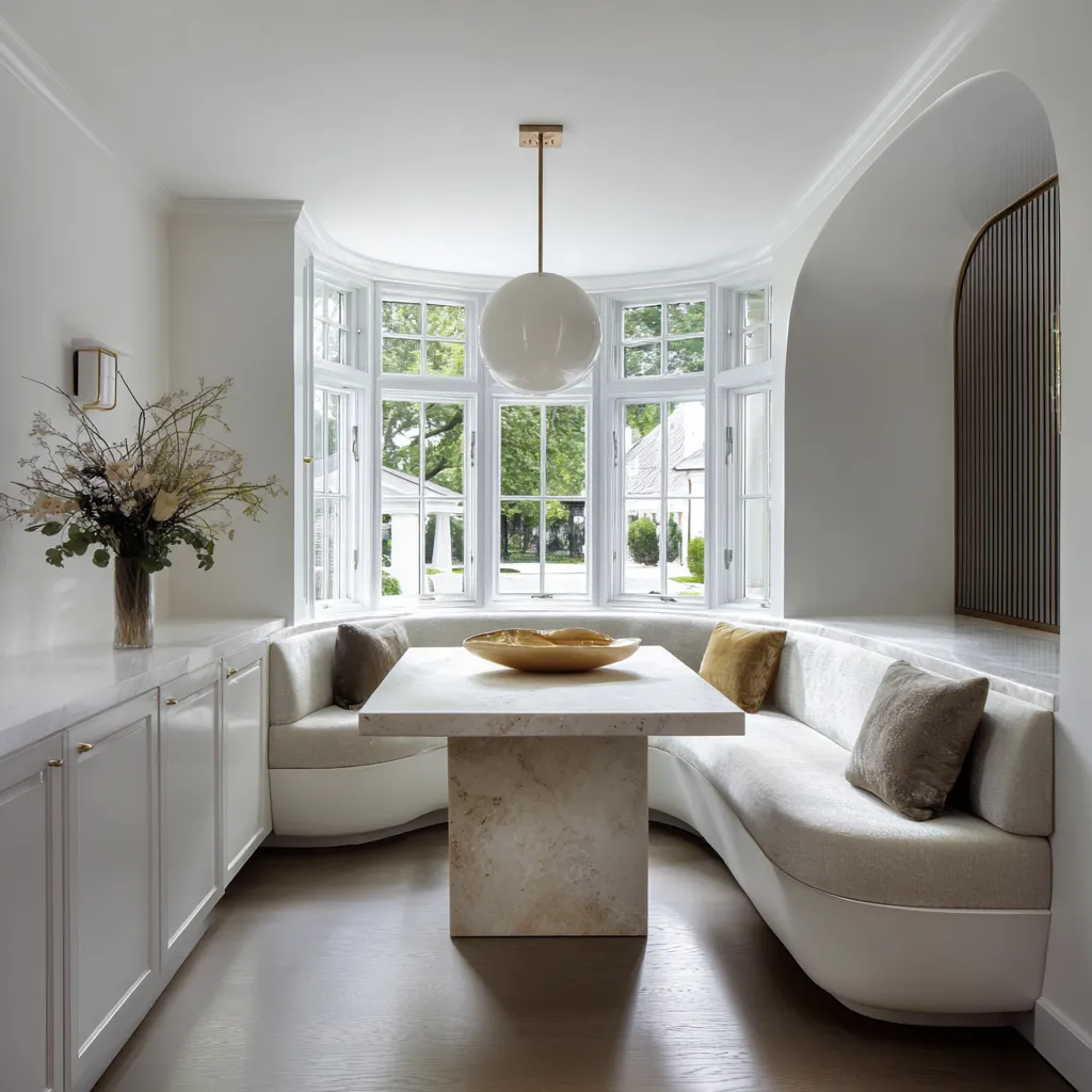 Sculptural curved banquette bay idea with monolithic stone table and large globe pendant