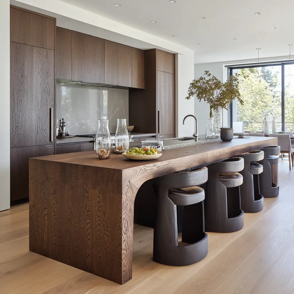 Sculptural dark wood kitchen island with a carved curved inner corner, thick top, bold rounded stools