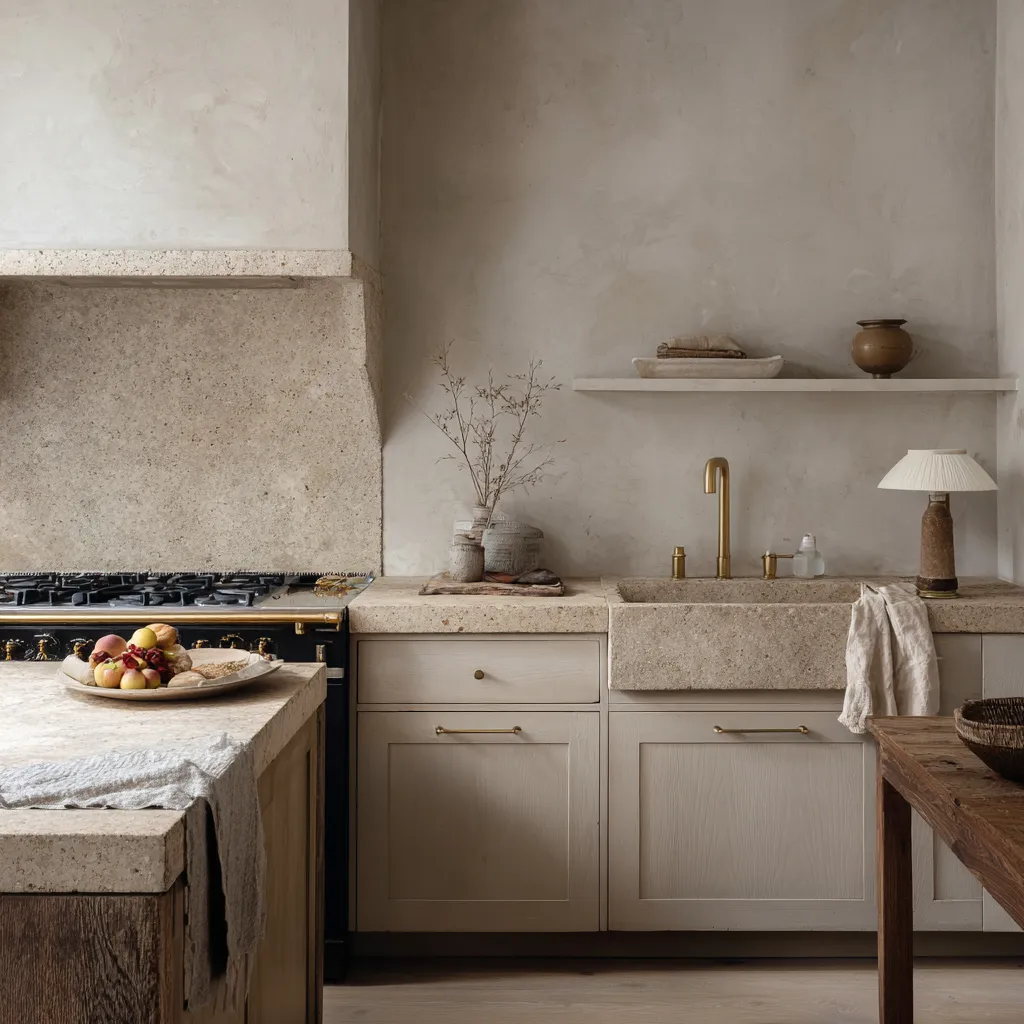 Severe, pared-back shabby chic kitchen with a monumental textured hood wall, integrated stone counter and sink Severe, pared-back shabby chic kitchen with a monumental textured hood wall, integrated stone counter and sink