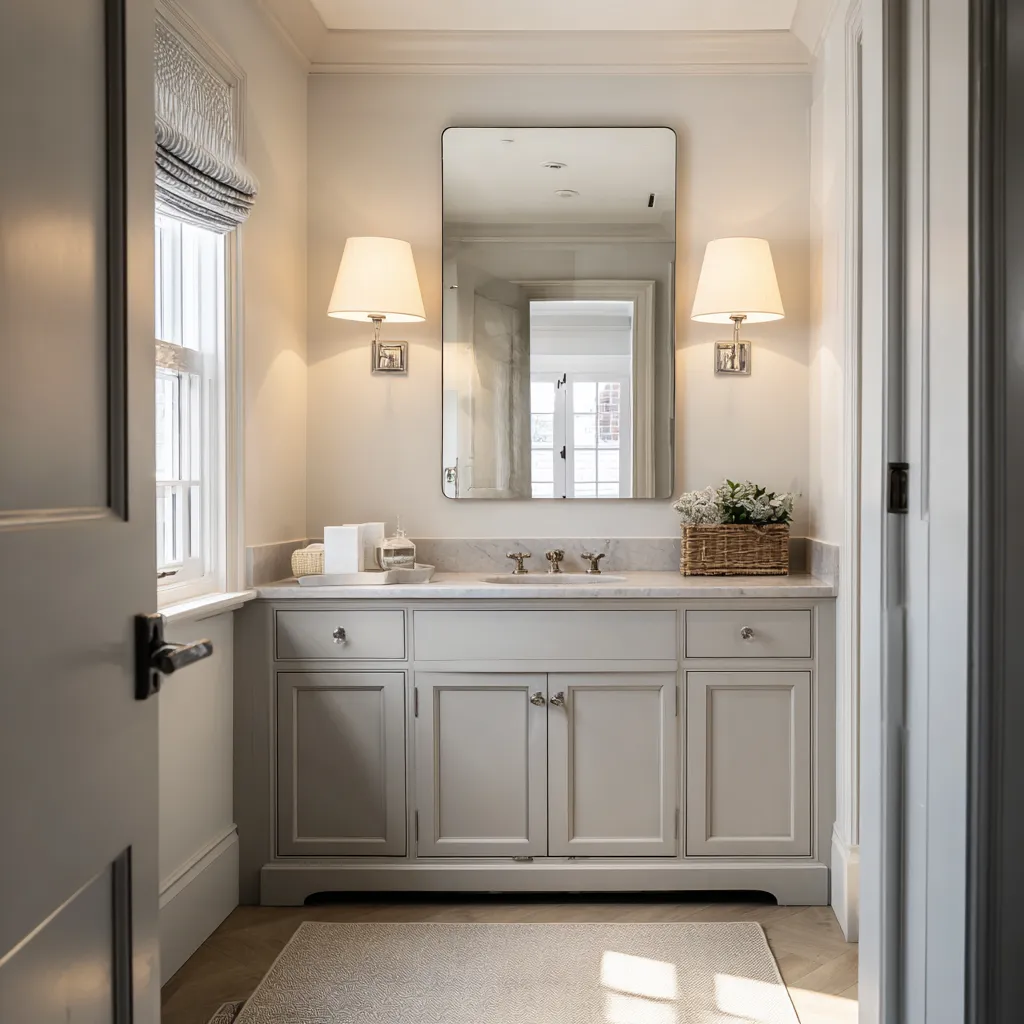 Small centered Colonial bathroom with a pale paneled vanity, rounded-rectangle mirror, matching sconces, pale stone counter Small centered Colonial bathroom with a pale paneled vanity, rounded-rectangle mirror, matching sconces, pale stone counter