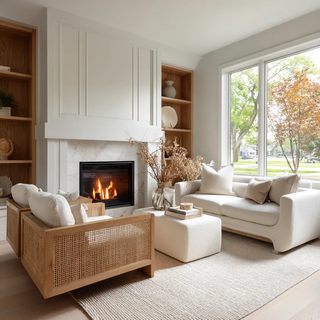 Small modern Hamptons living room with a crisp white fireplace wall, warm wood built-in shelves, cane-backed lounge chairs Small modern Hamptons living room with a crisp white fireplace wall, warm wood built-in shelves, cane-backed lounge chairs