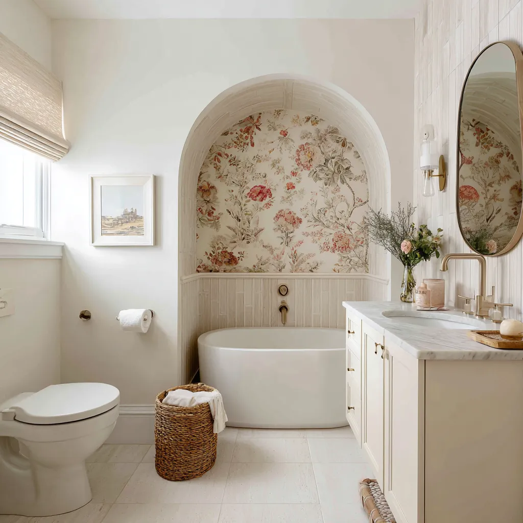 Small modern shabby chic bathroom with arched tub alcove, floral wallpaper panel, vertical tile wainscot Small modern shabby chic bathroom with arched tub alcove, floral wallpaper panel, vertical tile wainscot