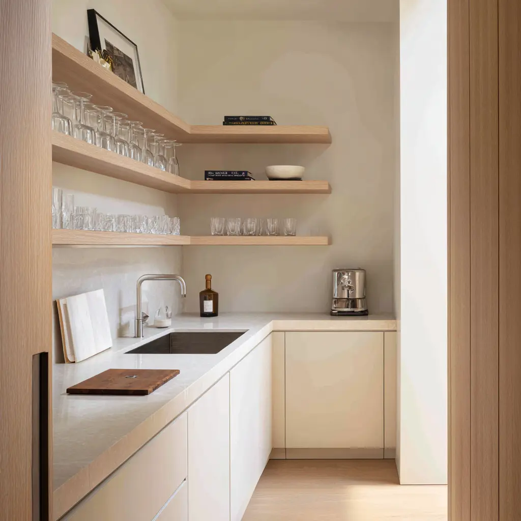 Small pale scullery with slim L-shaped wood floating shelves, flat lower cabinets, pale counters, dark sink Small pale scullery with slim L-shaped wood floating shelves, flat lower cabinets, pale counters, dark sink