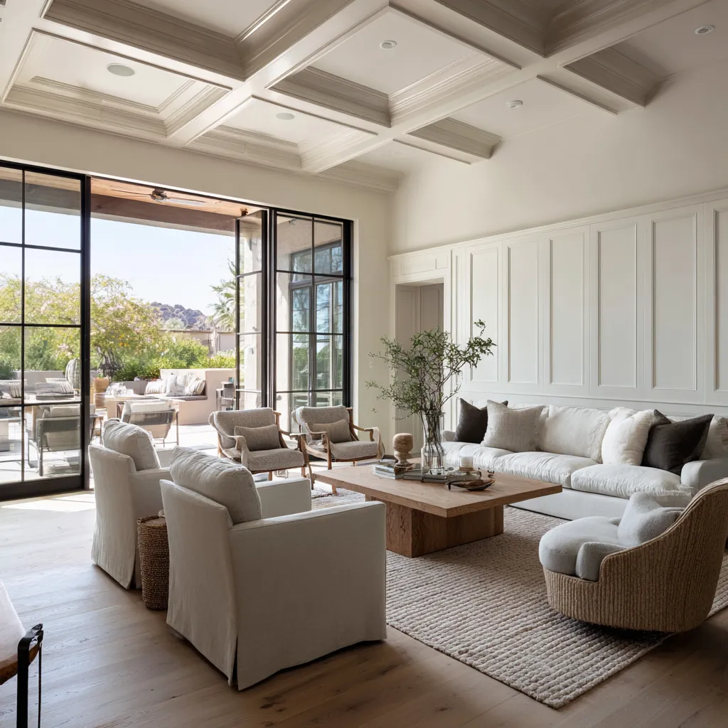 Social modern Hamptons living room with a coffered ceiling, pale paneled walls, a large dark-framed terrace opening Social modern Hamptons living room with a coffered ceiling, pale paneled walls, a large dark-framed terrace opening