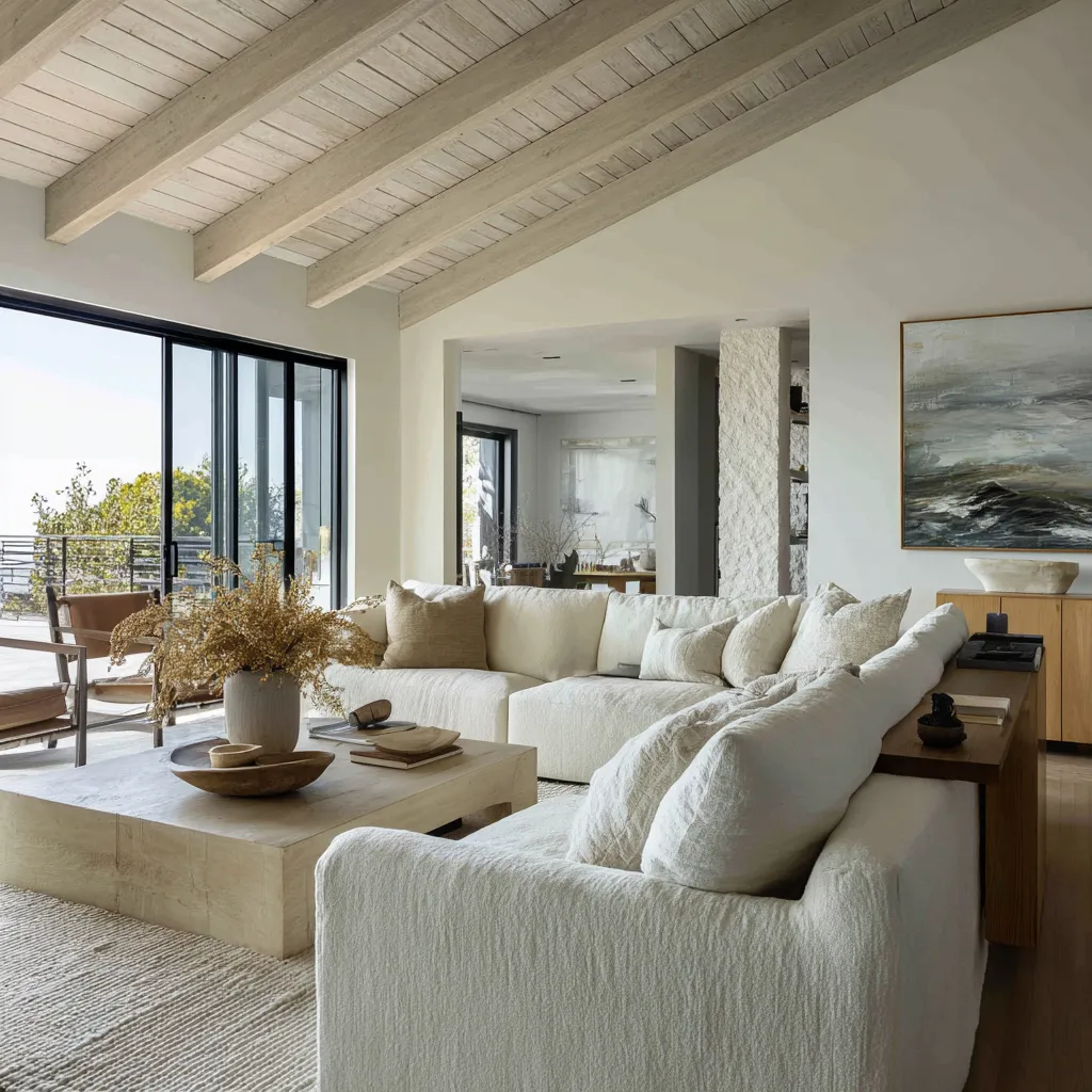 Soft California casual living room with a washed timber ceiling, oversized pale sectional, block-style coffee table