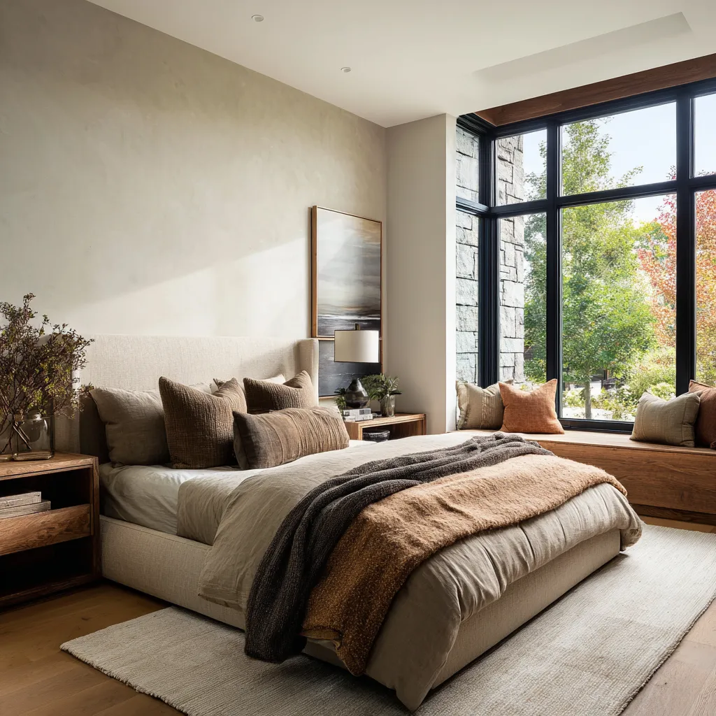 Soft California chic bedroom with a cloudy plaster-like wall, low upholstered platform bed, warm wall-mounted reading lights Soft California chic bedroom with a cloudy plaster-like wall, low upholstered platform bed, warm wall-mounted reading lights