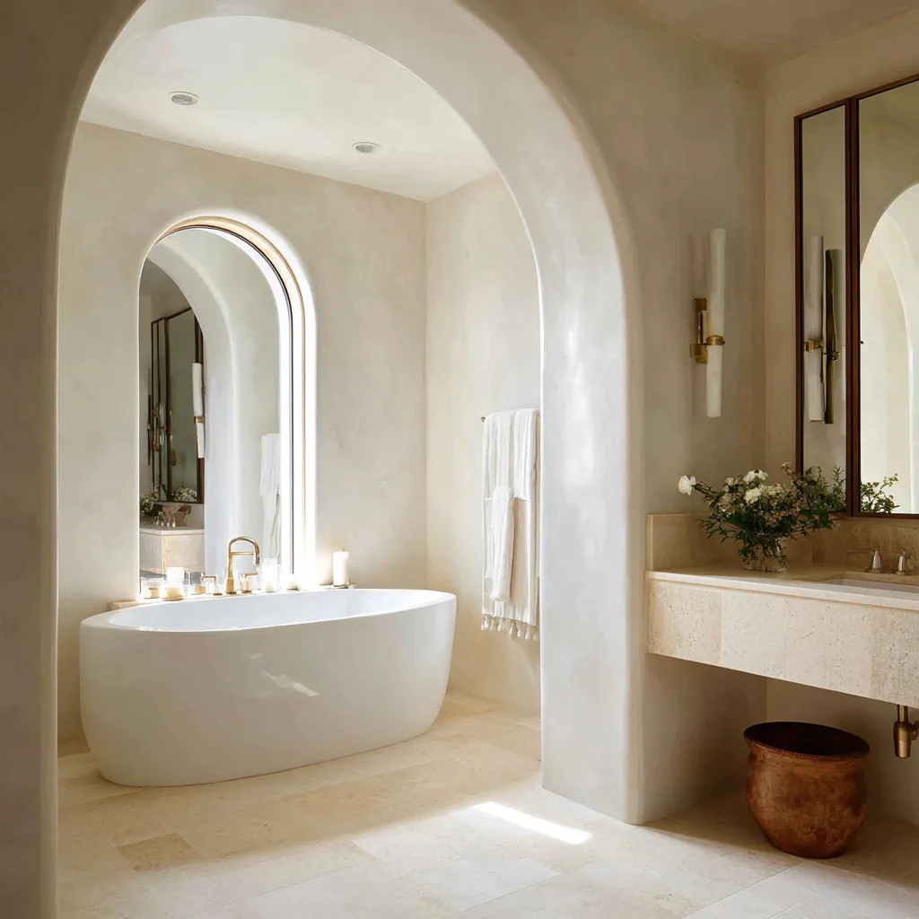 Soft Spanish Revival bathroom with thick plaster arches, freestanding white tub, glowing arched mirror, floating stone vanity