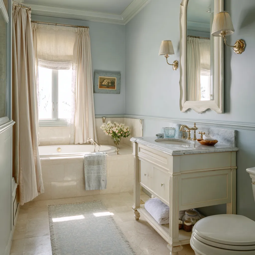Soft blue shabby chic bathroom with legged vanity, open shelf storage, shaped mirror, inset tub with tiled surround, Soft blue shabby chic bathroom with legged vanity, open shelf storage, shaped mirror, inset tub with tiled surround,