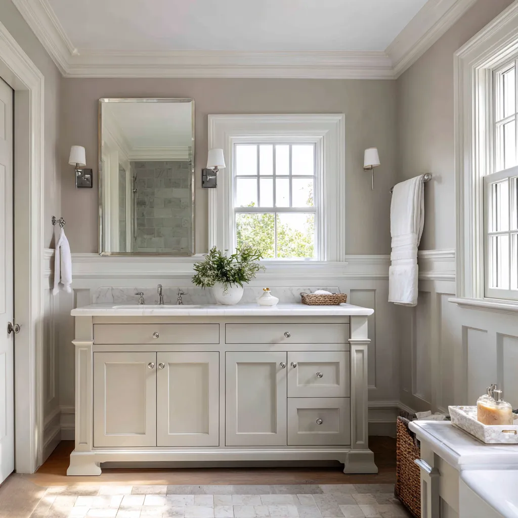 Soft gray Colonial bathroom with paneled lower walls, a pale furniture-style vanity, large rectangular mirror, simple sconces Soft gray Colonial bathroom with paneled lower walls, a pale furniture-style vanity, large rectangular mirror, simple sconces