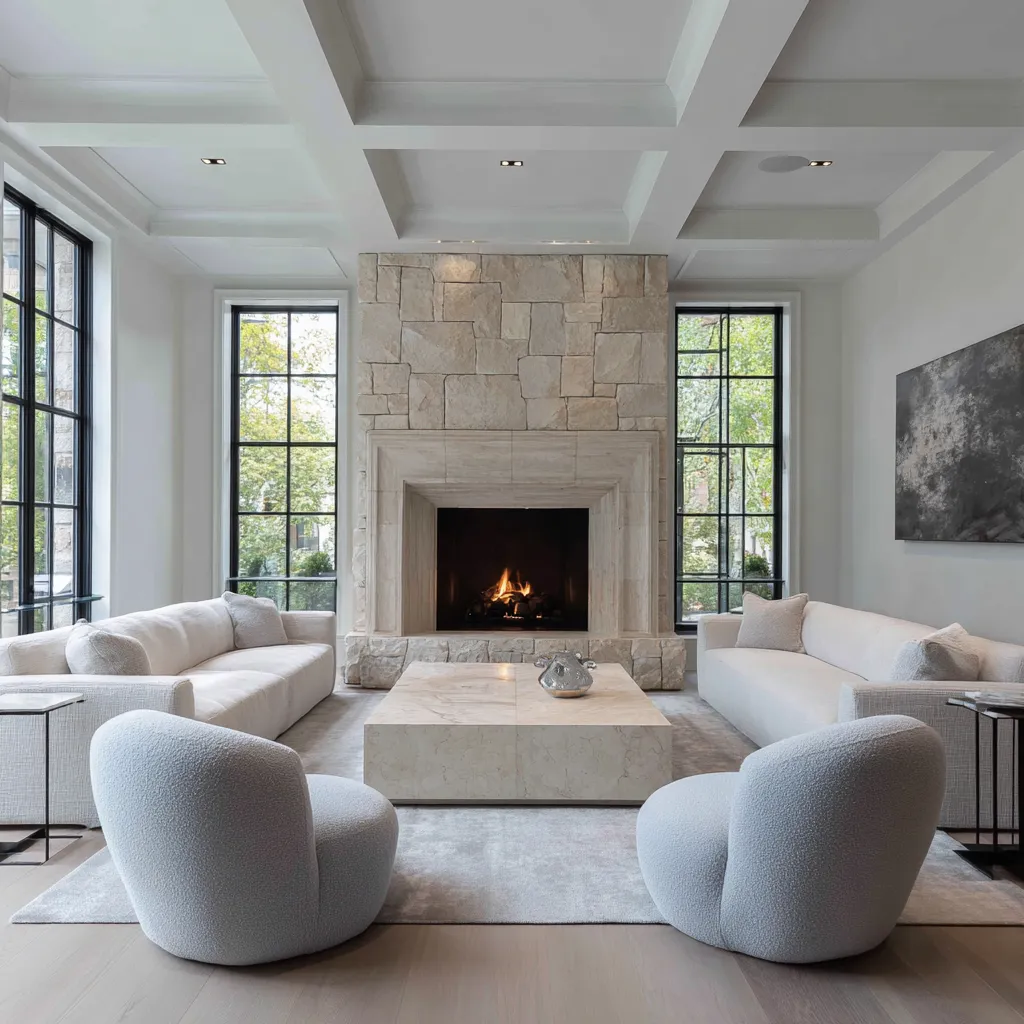 Soft modern Hamptons living room with a broad pale stone fireplace, muted blue curved chairs, black-framed garden doors Soft modern Hamptons living room with a broad pale stone fireplace, muted blue curved chairs, black-framed garden doors