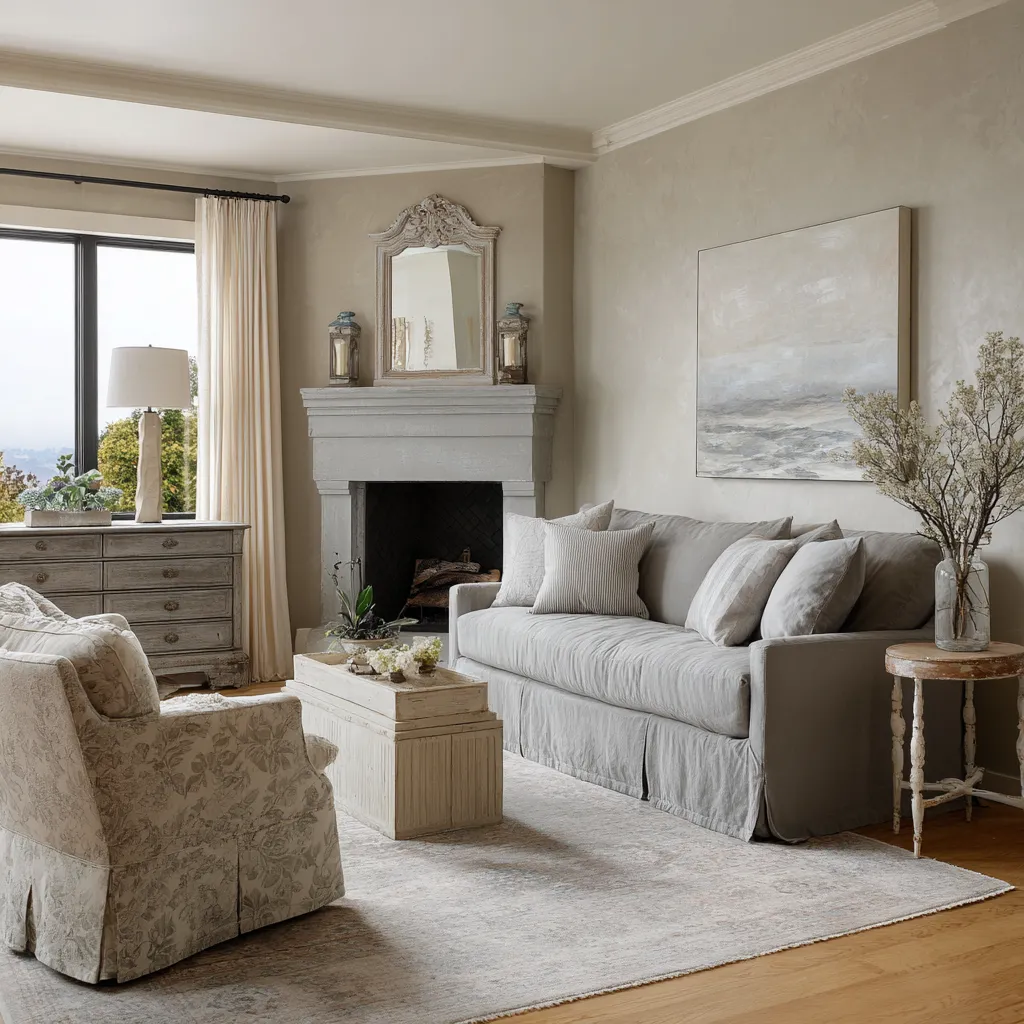 Soft modern shabby chic living room with skirted sofa, distressed floral accent chair, aged mirror above fireplace Soft modern shabby chic living room with skirted sofa, distressed floral accent chair, aged mirror above fireplace