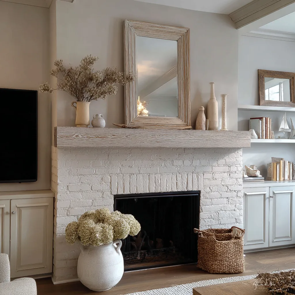 Soft neutral living room centered on a white-painted brick fireplace with a bleached wood mantel