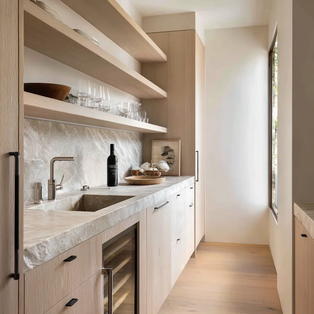 Soft wood galley scullery with long floating shelves, stone-look counter, dark sink, slim dark pulls, undercounter cooler Soft wood galley scullery with long floating shelves, stone-look counter, dark sink, slim dark pulls, undercounter cooler