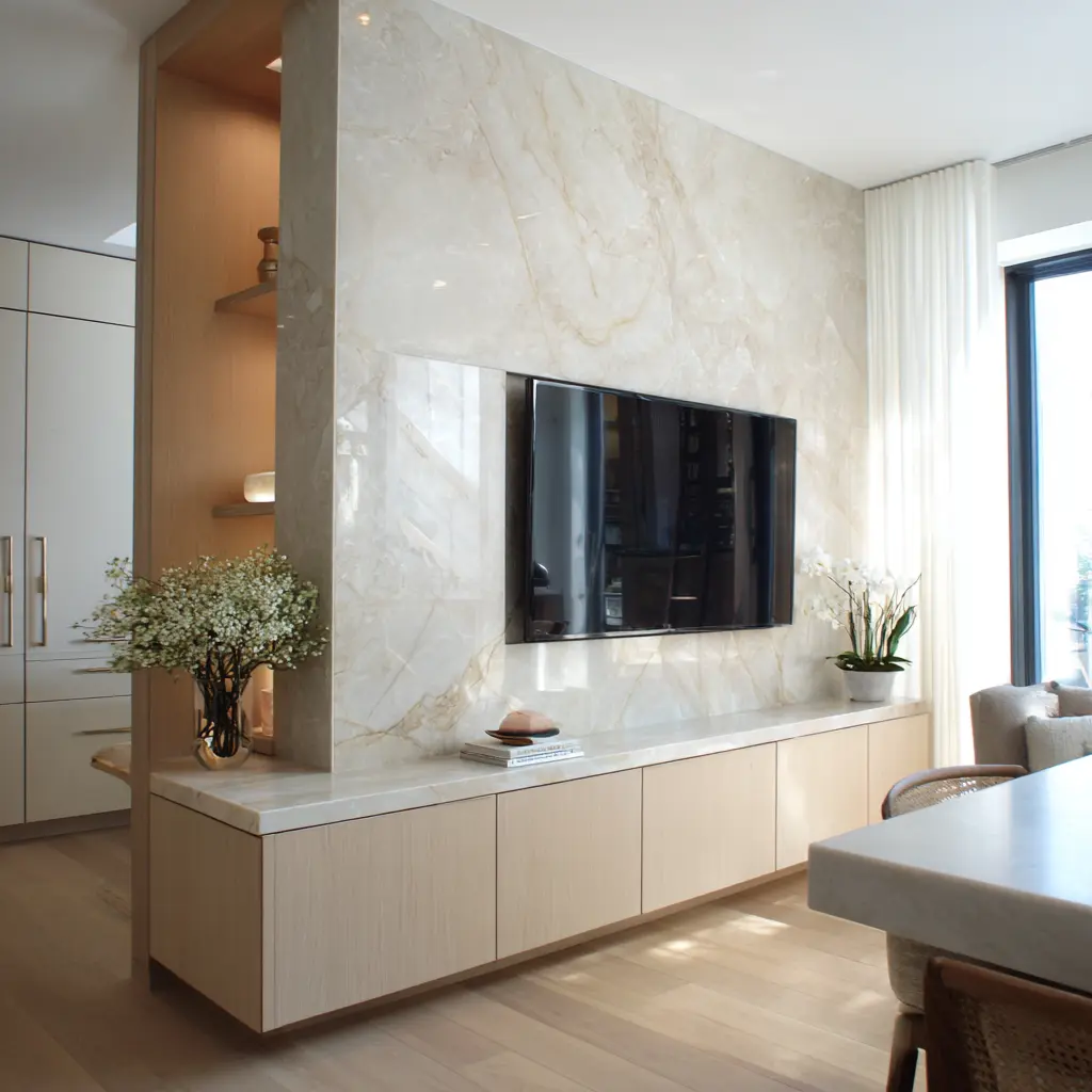 Stone slab TV divider wall with mounted screen, side wood display niche, and long pale wood cabinet base in an open-plan living space Stone slab TV divider wall with mounted screen, side wood display niche, and long pale wood cabinet base in an open-plan living space