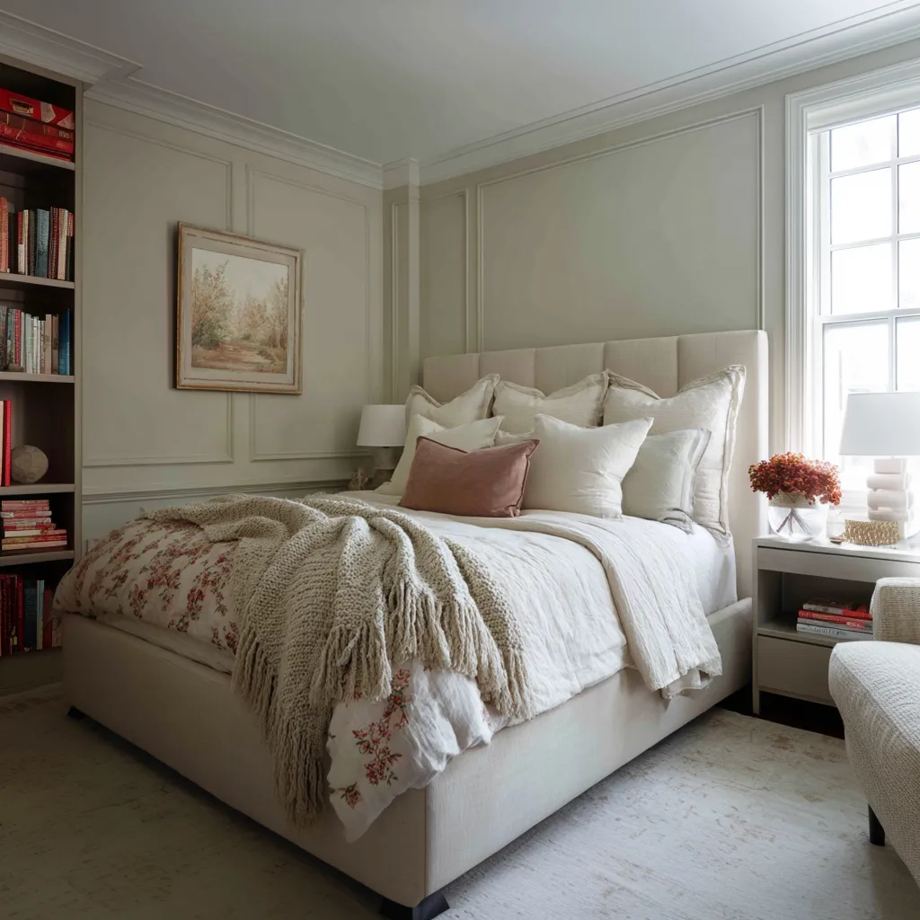 Structured modern shabby chic bedroom with muted gray-green paneled walls, a tall upholstered headboard Structured modern shabby chic bedroom with muted gray-green paneled walls, a tall upholstered headboard