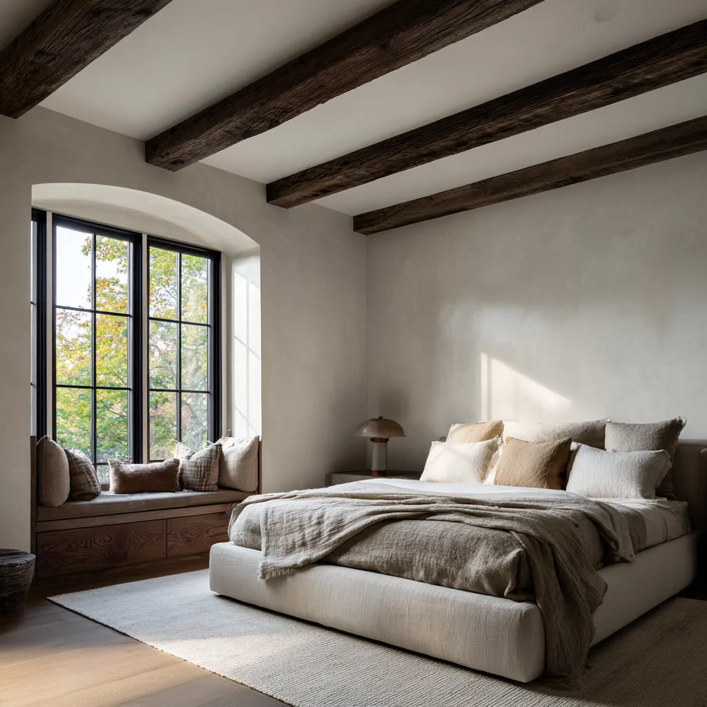 Stylish Santa Barbara bedroom with an arched black-framed window, long built-in wood bench Stylish Santa Barbara bedroom with an arched black-framed window, long built-in wood bench