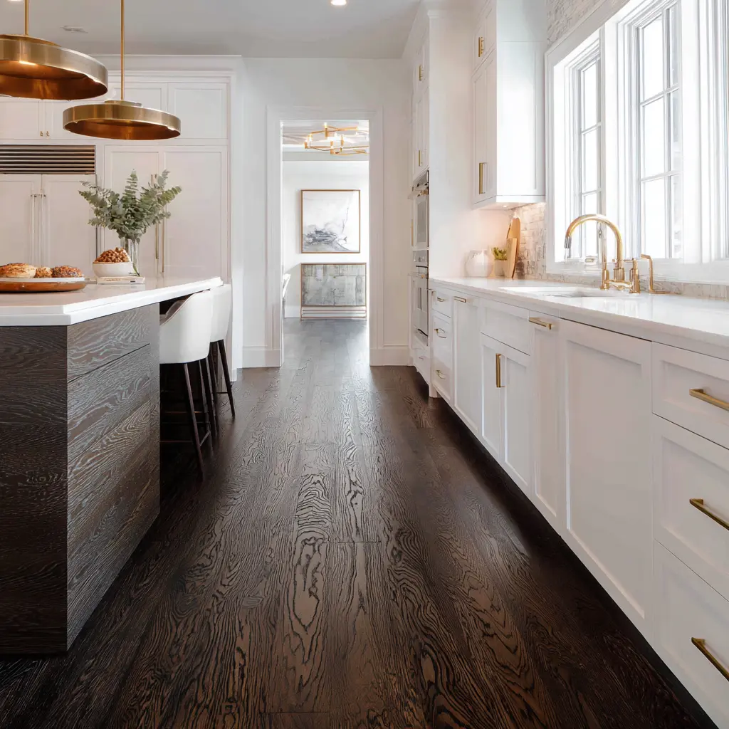Stylish long bright kitchen with dark grained wood floors, white traditional cabinets, dark wood island base, bronze pendants, brass hardware