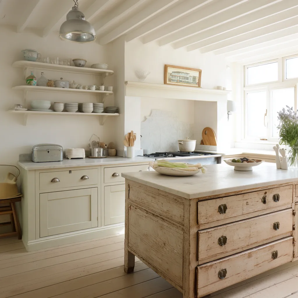 Sun-washed shabby chic kitchen centered on a weathered dresser-style island with a stone top, o Sun-washed shabby chic kitchen centered on a weathered dresser-style island with a stone top, o
