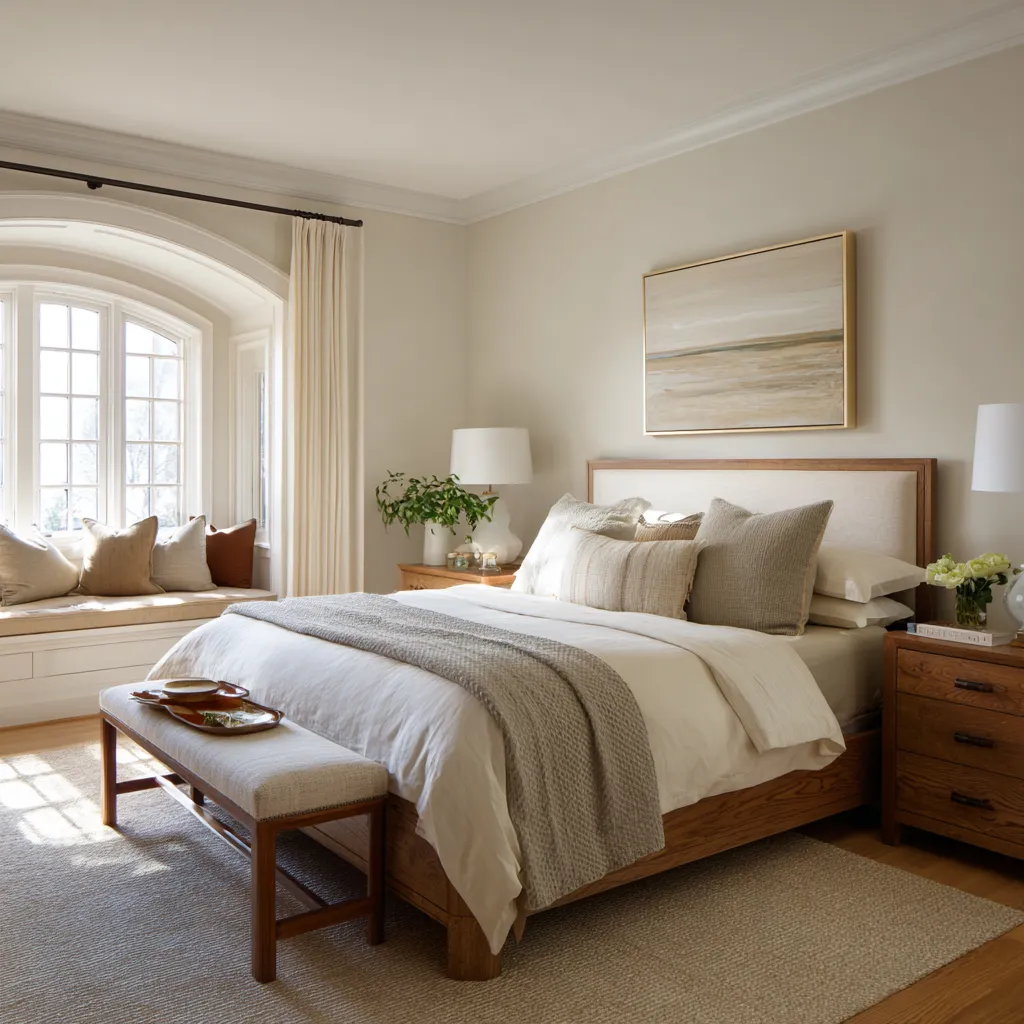 Sunlit California chic bedroom with a wood-framed upholstered bed, layered cream bedding, slim bench Sunlit California chic bedroom with a wood-framed upholstered bed, layered cream bedding, slim bench