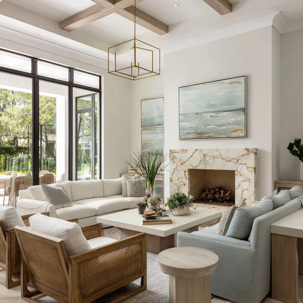 Sunlit modern Hamptons living room with white wall paneling, a pale stone fireplace, cane lounge chairs, long pale sofa Sunlit modern Hamptons living room with white wall paneling, a pale stone fireplace, cane lounge chairs, long pale sofa