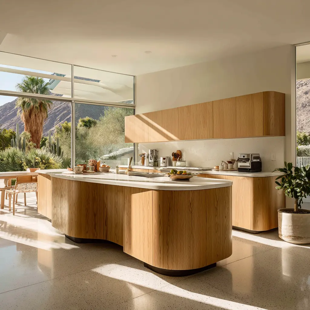 Sunlit sculptural kitchen island with flowing curved wood base, pale stone top, dining-style chairs Sunlit sculptural kitchen island with flowing curved wood base, pale stone top, dining-style chairs