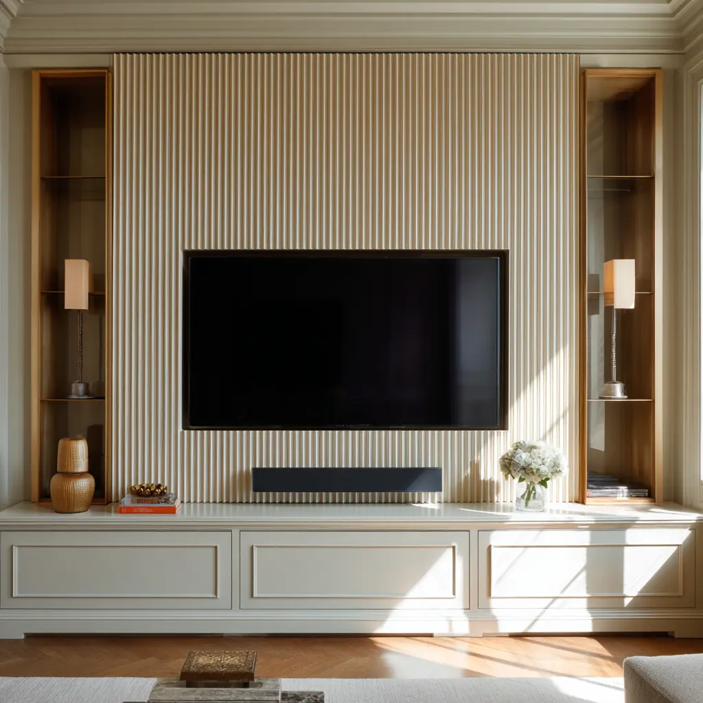 Symmetrical fluted TV wall with creamy vertical ribbed panel behind the television, warm wood side niches, and paneled white cabinetry below Symmetrical fluted TV wall with creamy vertical ribbed panel behind the television, warm wood side niches, and paneled white cabinetry below